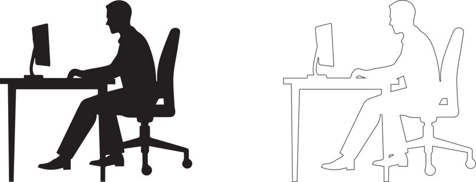 Businessman working on laptop, office worker silhouette, professional man at desk, black vector icon illustration