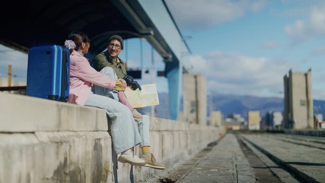 Happy tourists sit on a train platform, reviewing a map and planning their journey with a suitcase nearby. A couple of travelers smile while looking at a map, ready for new adventures in the city.