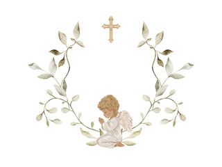 Naklejka premium Praying angel with decorative leaves frame and cross isolated clipart, watercolor illustration. Christian composition for baptism invitations, communion cards and spiritual designs.