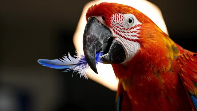 Scarlet macaw parrot holding a blue feather in its beak.