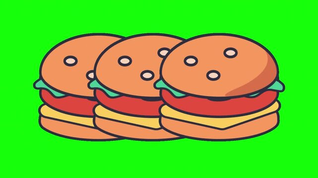 Animated Cartoon Hamburgers on Green Screen 2D Flat Illustration