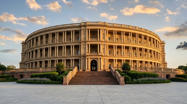 Neoclassical building with multiple levels of columns and balconies, impressive grand architecture at sunset
