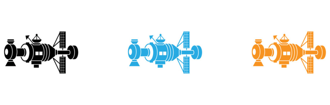 Three stylized robot characters in different colors performing synchronized movements isolated on transparent background, Vector