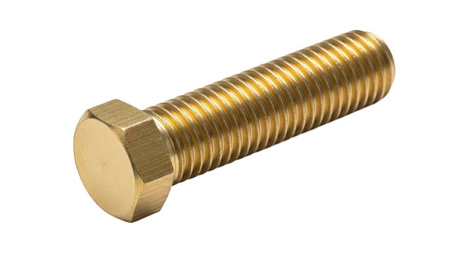 Golden brass hex bolt with hexagonal head isolated on transparent background