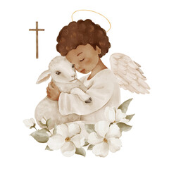 Naklejka premium Angel child with lamb isolated clipart, watercolor illustration. Christian symbol of faith, protection and innocence for baptism, communion, sympathy cards and spiritual designs.