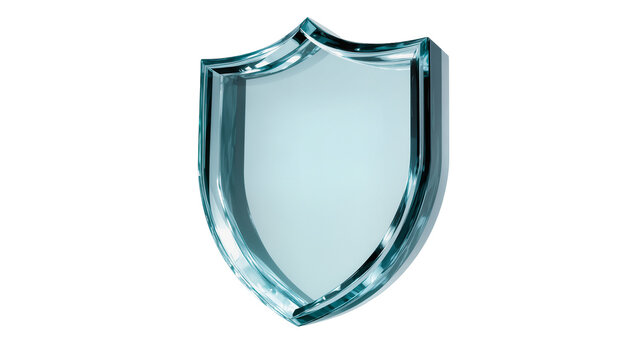 Clear glass shield emblem polished and reflective, isolated on transparent background