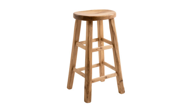Rustic wooden bar stool with four legs and crossbars, isolated on transparent background