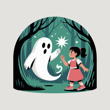 Little Girl Meeting Friendly Ghost in Dark Forest