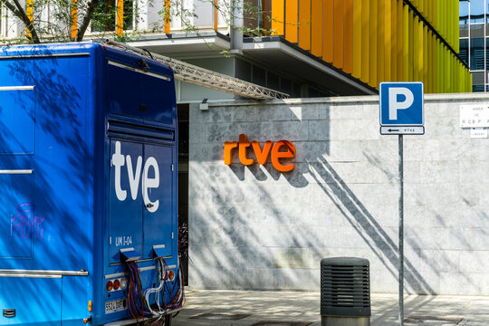 Barcelona, Spain - August 1, 2021. Logo of RTVE, is a state trading company that organizes the indirect management of the public radio and television service in Spain