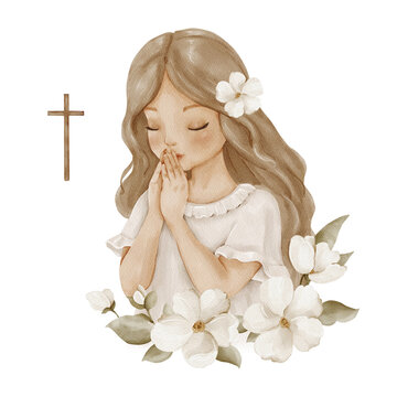 Praying girl with cross and flowers, isolated clipart, watercolor illustration. Symbol of faith and prayer for first communion, baptism, church ceremonies and spiritual designs.