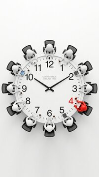 Creative meeting arrangement around a clock with highlighted fourth position
