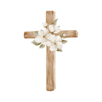 Wooden cross with white flowers isolated clipart, watercolor illustration. Christian symbol for baptism, first communion, memorial cards, church programs and invitation designs.