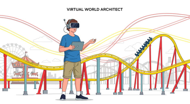 Virtual World Architect Designing Roller Coaster in Amusement Park with VR Headset