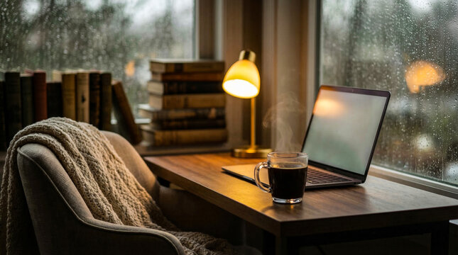 Cozy home office desk with laptop on rainy day by window