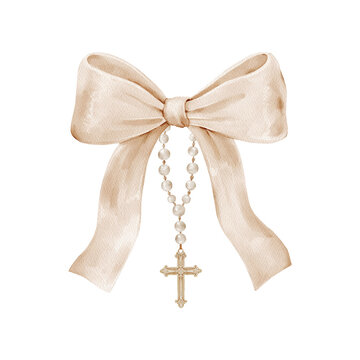 Elegant bow with rosary cross isolated clipart, watercolor illustration. Soft Christian design for baptism, first communion invitations, prayer cards and church ceremonies.