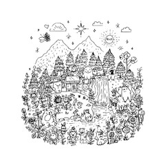 Fototapeta premium Whimsical Village in Mountainous Landscape with Waterfall and Various Animals