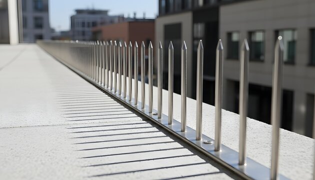Bird spikes on building ledge for pest control concept, featuring stainless steel anti-pigeon deterrents installed on a modern urban balcony for architectural maintenance