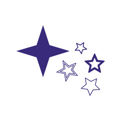Obraz premium A single large solid purple four-pointed star with four smaller outlined purple four-pointed stars on transparent background.