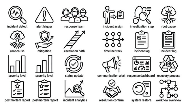Incident management and response icons for system troubleshooting and technical operations.