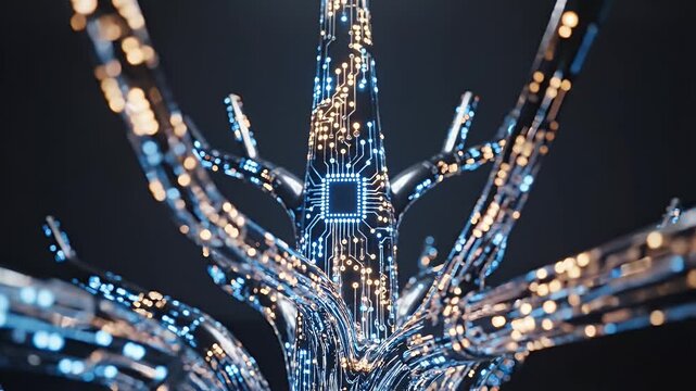 Artificial Intelligence Tree - Close-up shot of a circuit board shaped like a tree, glowing in blue and gold colors. The central part of the tree displays a microchip.