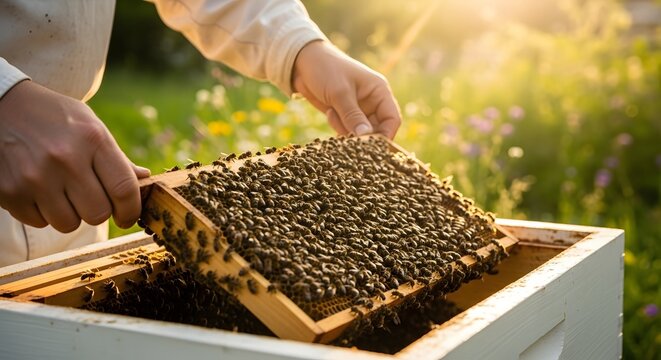 Beekeeper inspecting honeycomb frame filled with bees in sunny meadow