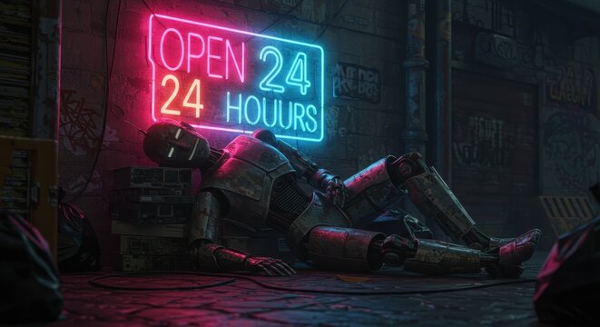 Depressed obsolete automaton rests against a dirty urban wall beneath glowing signage