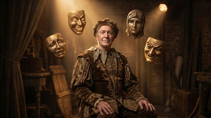 Obraz premium An elderly man in Renaissance attire sits solemnly as four theatrical masks representing different emotions float around him in a dimly lit room.