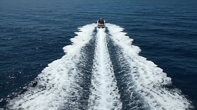 Speedboat Wake on the Ocean - This eye-level shot captures a speedboat racing across a vast ocean, leaving a wide, foamy wake behind it.