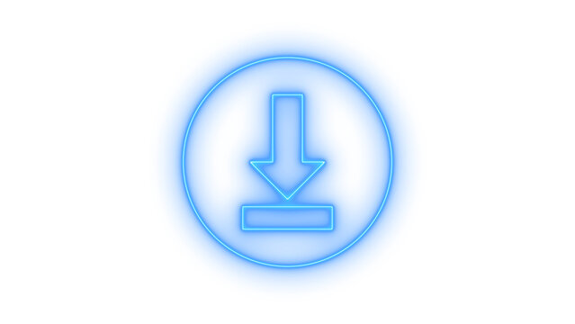 Vibrant blue neon glowing download icon in a circular frame, symbolizing digital data transfer, internet connectivity, file storage, and software installation, isolated on transparent background.