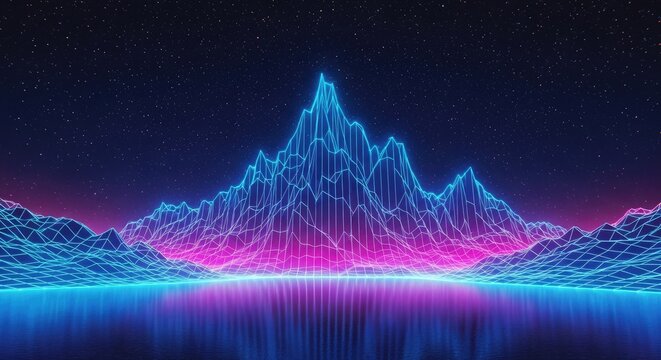 Neon lit mountain range with pink and blue hues in a futuristic landscape at night