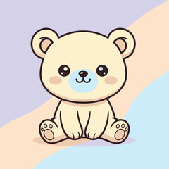 Naklejka premium A cute, cream-colored cartoon bear cub sitting down with big shiny eyes, a blue nose, and pink cheeks.