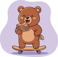 Obraz premium A cute cartoon brown bear happily licking syrup from a stack of pancakes while on a skateboard.