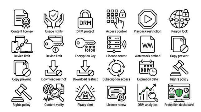 Digital rights management icons for content protection and licensing.