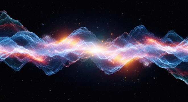 Vibrant digital waveform with glowing blue red and white lights on a dark background with stars