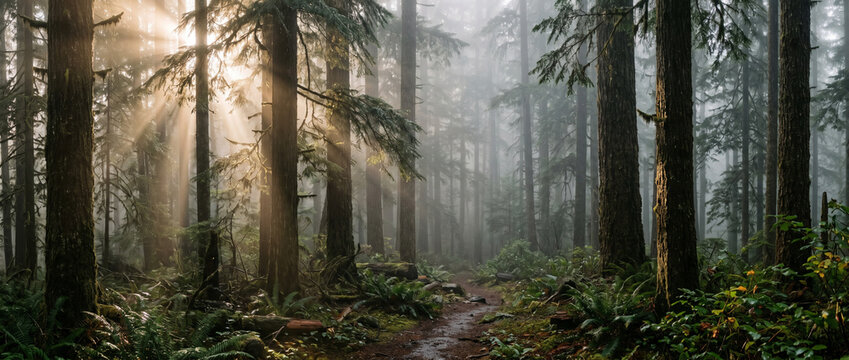 Majestic sun rays piercing through misty forest trees creating a serene and ethereal woodland scene with light rays sunlight woodland ethereal tranquility wilderness environment atmospheric