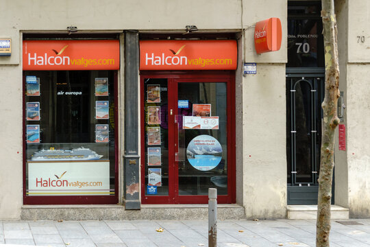 Barcelona, Spain - August 1, 2021. Logo and facade of Halcon viajes, a chain of Spanish travel agencies