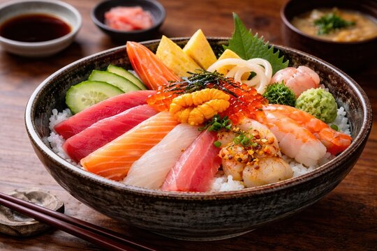Frisch zubereiteter Chirashi Sushi mit Fisch und Reis
Reich belegte Sch&uuml;ssel mit Chirashi Sushi aus Reis, rohem Fisch, Garnelen, Rogen, Seeigel, Gem&uuml;se und Beilagen auf Holztisch.