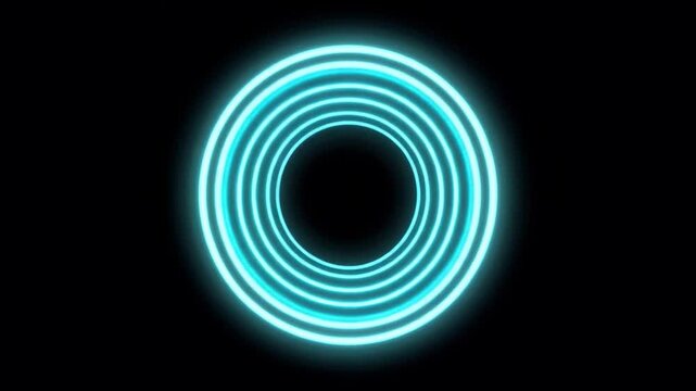 Neon circle glowing blue light abstract round bright futuristic design with multiple glowing concentric rings on black background creating vibrant electric blue light and smooth modern visual effect