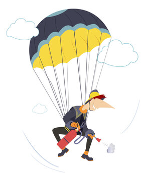 Firefighter flies on parachute with a fire extinguisher and trying to stop the fire