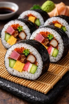 Bunte Futomaki Sushi mit farbenreicher F&uuml;llung
Hochformatige Nahaufnahme von Futomaki mit vielf&auml;ltiger F&uuml;llung auf Bambusmatte, erg&auml;nzt durch Sojasauce, Wasabi und Ingwer.