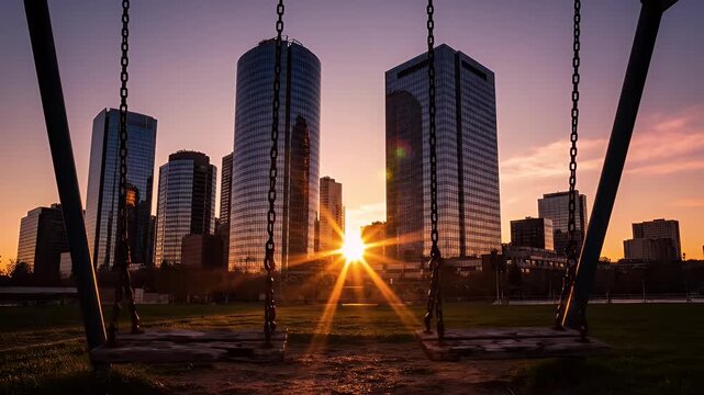 Urban Sunset and Swings - A ground-level shot through a swing set captures a beautiful sunset over a city skyline. The sunlight streams between the buildings, creating a starburst effect.