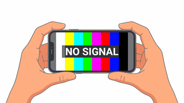 No Signal Displayed on Smartphone Screen Held by Hands Indicating Lost Connection or Network Problem