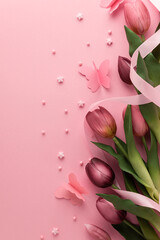 Naklejka premium Tulips with Ribbon and Paper Butterflies on Pink Background