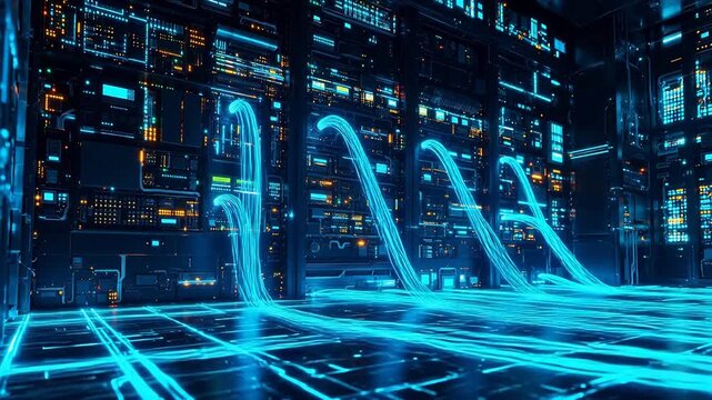 Futuristic server room with glowing data streams emphasizing industrial strength and manufacturing