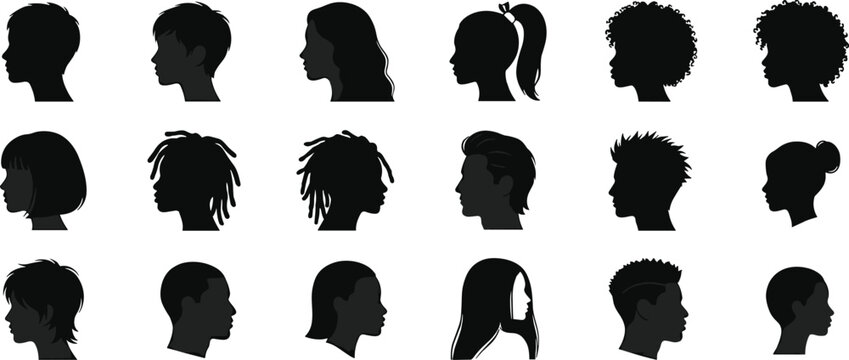 Human head profile silhouette illustration set, diverse hairstyle design, fashion hair art, beauty symbol graphic, flat vector drawing