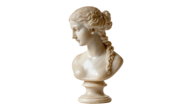Classical marble bust of a woman with braided hair, isolated on transparent background