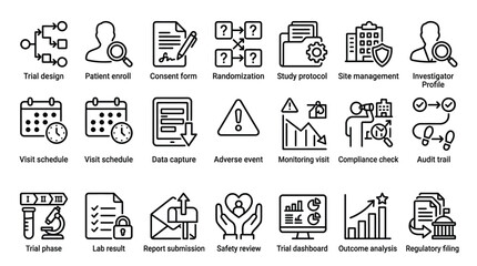 Fototapeta premium Clinical trial process icons outlining design, patient enrollment, and regulatory steps.