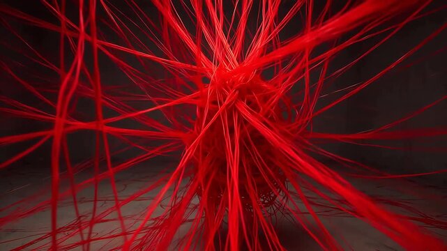 Red fiber strands in chaotic pattern emphasizing advanced technology and cyber security
