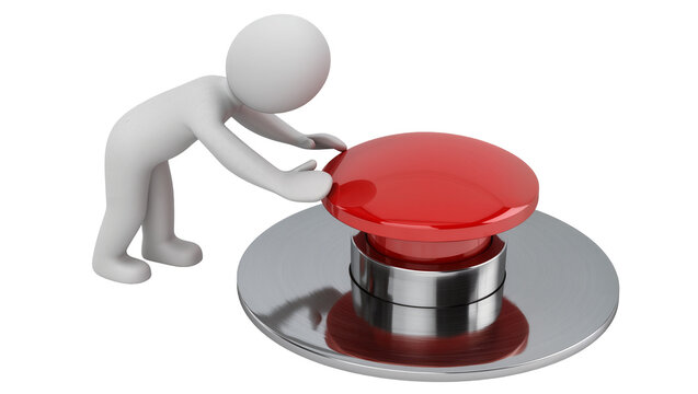 White 3D figure pushing a large red button on a chrome base, isolated on transparent background