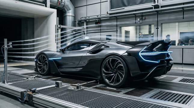 Side profile of a luxury grey sports car in a wind tunnel laboratory during aerodynamic laminar flow testing with aerodynamics technology automotive engineering supercar research development